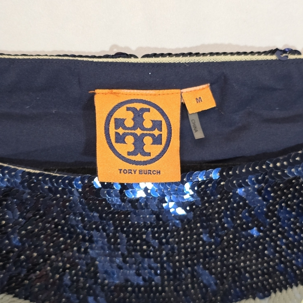 Tory Burch Navy Cream Sequin 3/4 Sleeve Blouse Formal Special Event Top, Sz M - Picture 6 of 11